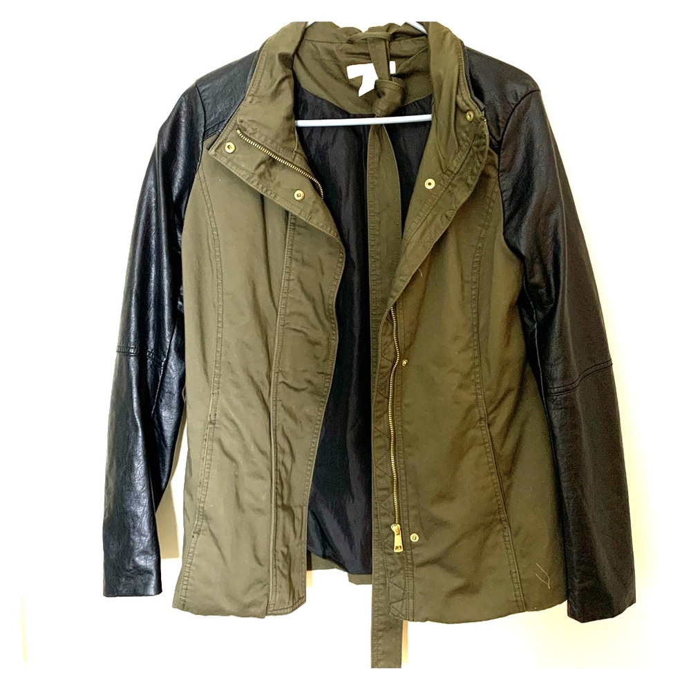 H&M military olive green & black leather jacket 8